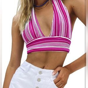 Pink and White adjustable Halter Tie Top